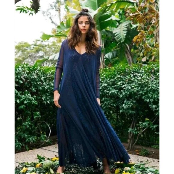 We Are HAH Mama C Maxi Sheer Boho Slip Dress Navy Blue  Sz Small Oversized NWT - Picture 1 of 12